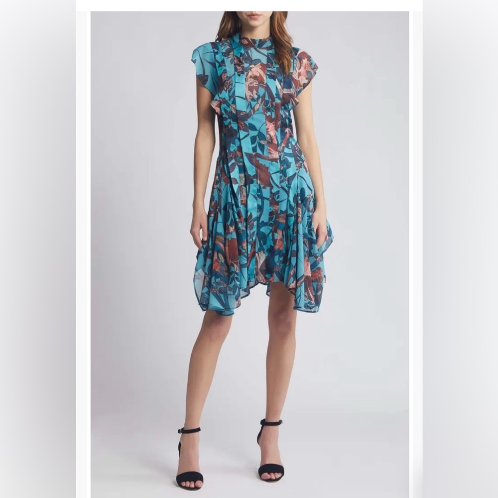 All Saints Fleur Batu Handkerchief Hem Lagoon Blue Multi Dress Size 00 NWT